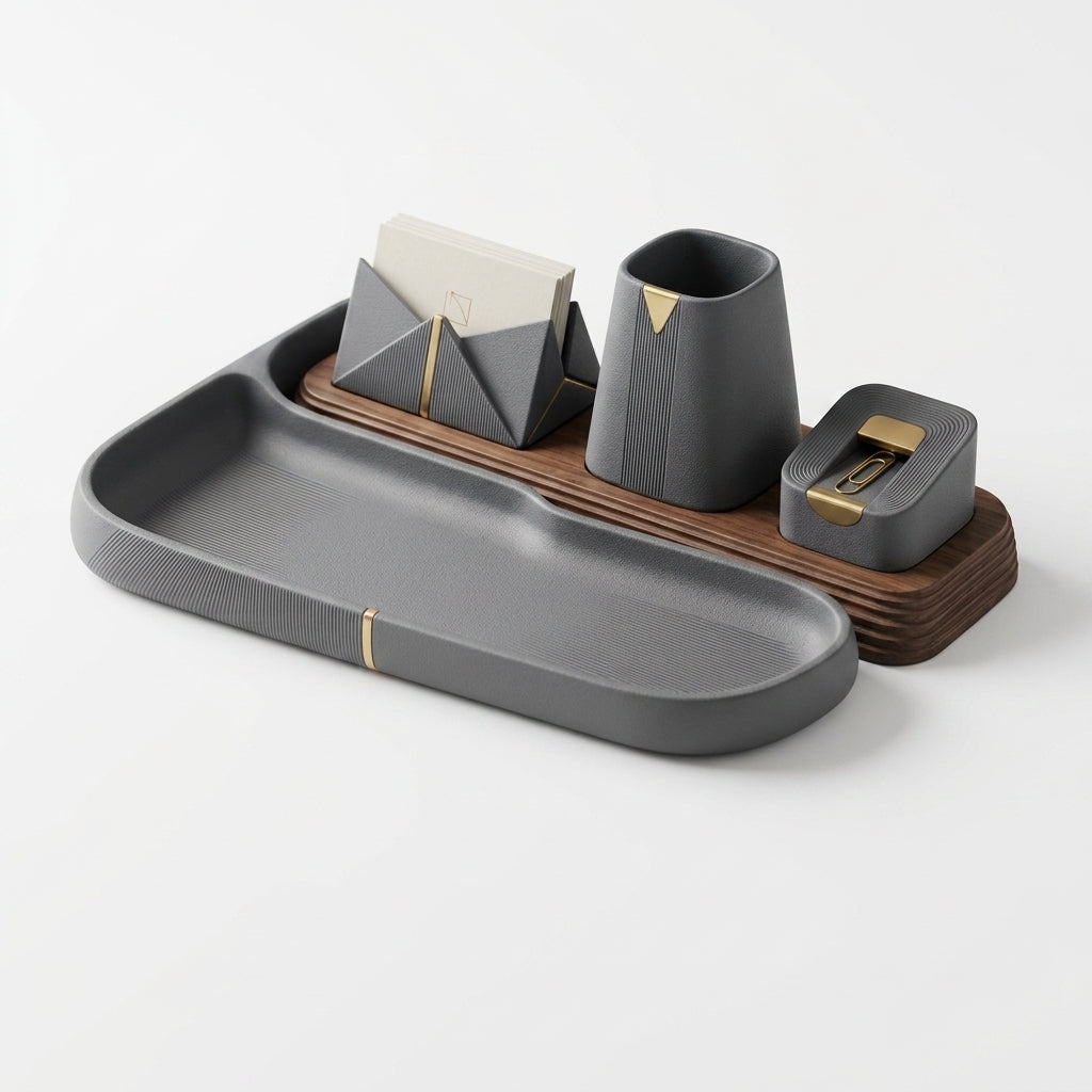 OacmaSL™ Textured Desk Organizer Set, Modern Desktop Organizer with Catchall Tray, Origami-Fold Card Holder, Tapered Pen Cup & Magnetic Paper Clip Dispenser, Office Desk Accessories for Home Office, Executive Desk, Workstation, Study Room