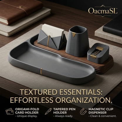 OacmaSL™ Textured Desk Organizer Set, Modern Desktop Organizer with Catchall Tray, Origami-Fold Card Holder, Tapered Pen Cup & Magnetic Paper Clip Dispenser, Office Desk Accessories for Home Office, Executive Desk, Workstation, Study Room