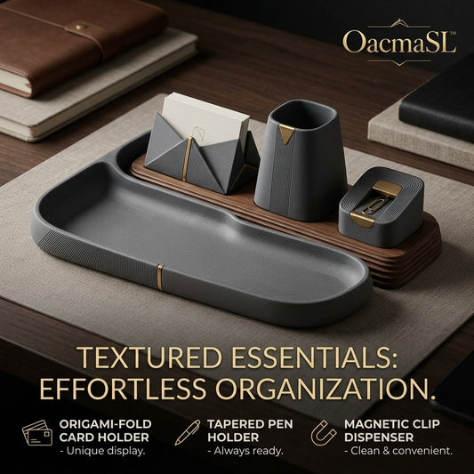 OacmaSL™ Textured Desk Organizer Set, Modern Desktop Organizer with Catchall Tray, Origami-Fold Card Holder, Tapered Pen Cup & Magnetic Paper Clip Dispenser, Office Desk Accessories for Home Office, Executive Desk, Workstation, Study Room