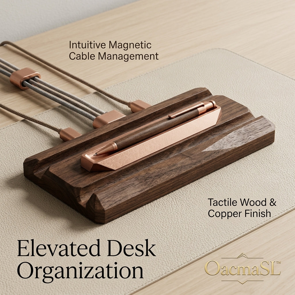 OacmaSL™ Wooden Desk Organizer Tray with Magnetic Cable Management, Copper-Finish Pen Holder, Desktop Cable Organizer, Office Desk Accessories, Modern Workspace Organizer for Home Office, Study, Nightstand & Executive Desk