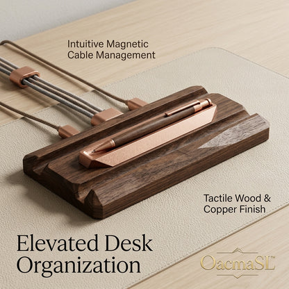 OacmaSL™ Wooden Desk Organizer Tray with Magnetic Cable Management, Copper-Finish Pen Holder, Desktop Cable Organizer, Office Desk Accessories, Modern Workspace Organizer for Home Office, Study, Nightstand & Executive Desk
