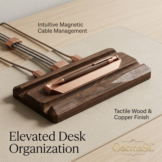OacmaSL™ Wooden Desk Organizer Tray with Magnetic Cable Management, Copper-Finish Pen Holder, Desktop Cable Organizer, Office Desk Accessories, Modern Workspace Organizer for Home Office, Study, Nightstand & Executive Desk