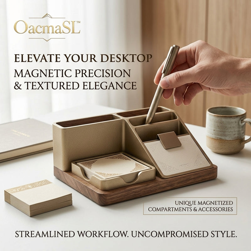 OacmaSL™ Magnetic Desk Organizer with Pen Holder, Sticky Note Tray & Card Slot, Textured Desktop Caddy for Office, Home Office, Study Desk, Workstation, Vanity, School Supplies and Stationery Storage