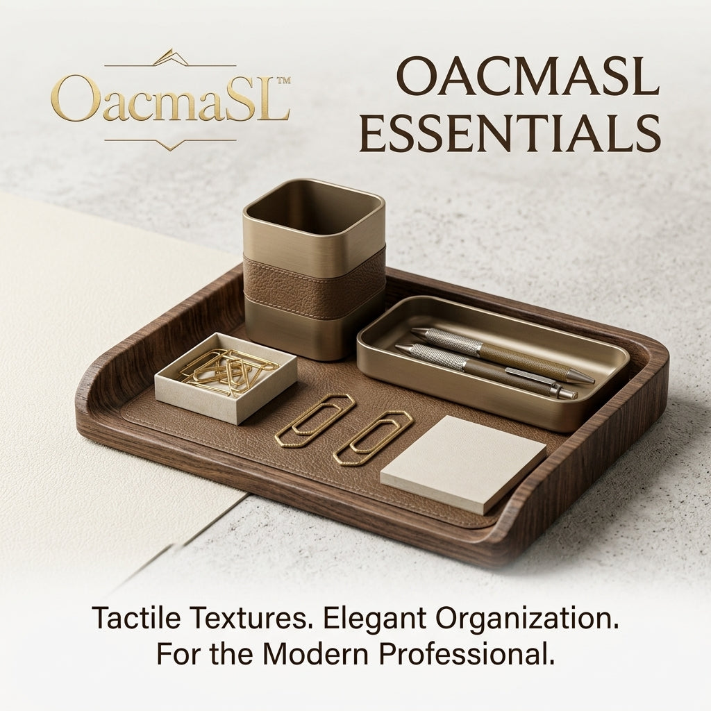 OacmaSL™ Essentials Desk Organizer Tray Set, Faux Leather & Wood Grain Desktop Organizer, Pen Holder, Paper Clip Tray, Small Accessory Storage Tray for Office Desk, Home Office, Executive Workspace, Modern Professional Desk Decor
