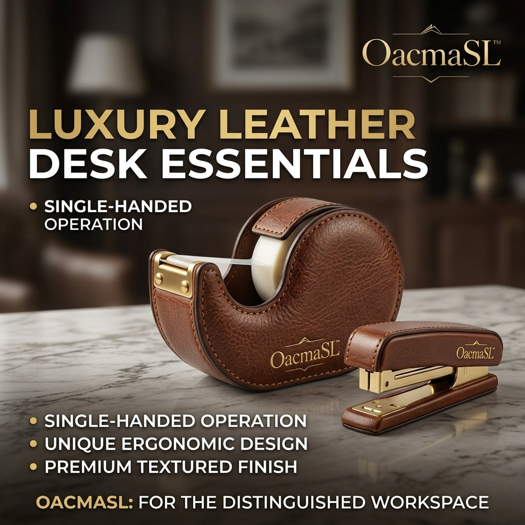 OacmaSL™ Luxury Leather Desk Accessories Set, Premium Textured Desk Tape Dispenser and Stapler, Single-Handed Office Supplies for Home Office, Executive Desk and Workspace