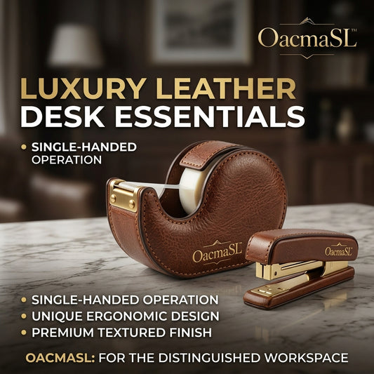 OacmaSL™ Luxury Leather Desk Accessories Set, Premium Textured Desk Tape Dispenser and Stapler, Single-Handed Office Supplies for Home Office, Executive Desk and Workspace
