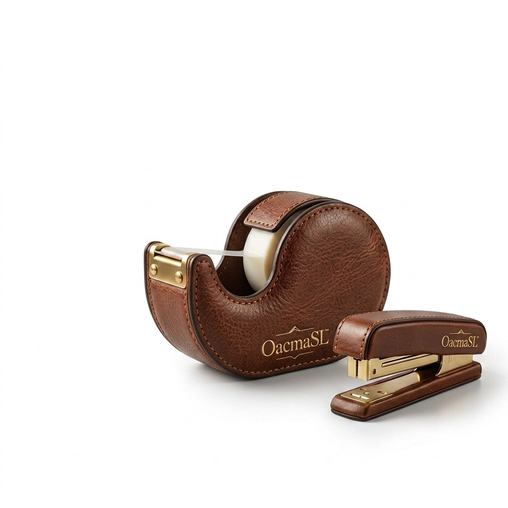 OacmaSL™ Luxury Leather Desk Accessories Set, Premium Textured Desk Tape Dispenser and Stapler, Single-Handed Office Supplies for Home Office, Executive Desk and Workspace