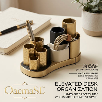 OacmaSL™ Magnetic Desk Organizer, Multi-Slot Pen Holder & Cable Organizer, Gold-Tone Desktop Storage Caddy for Pens, Tools, Makeup Brushes, Office Supplies and Workspace Accessories