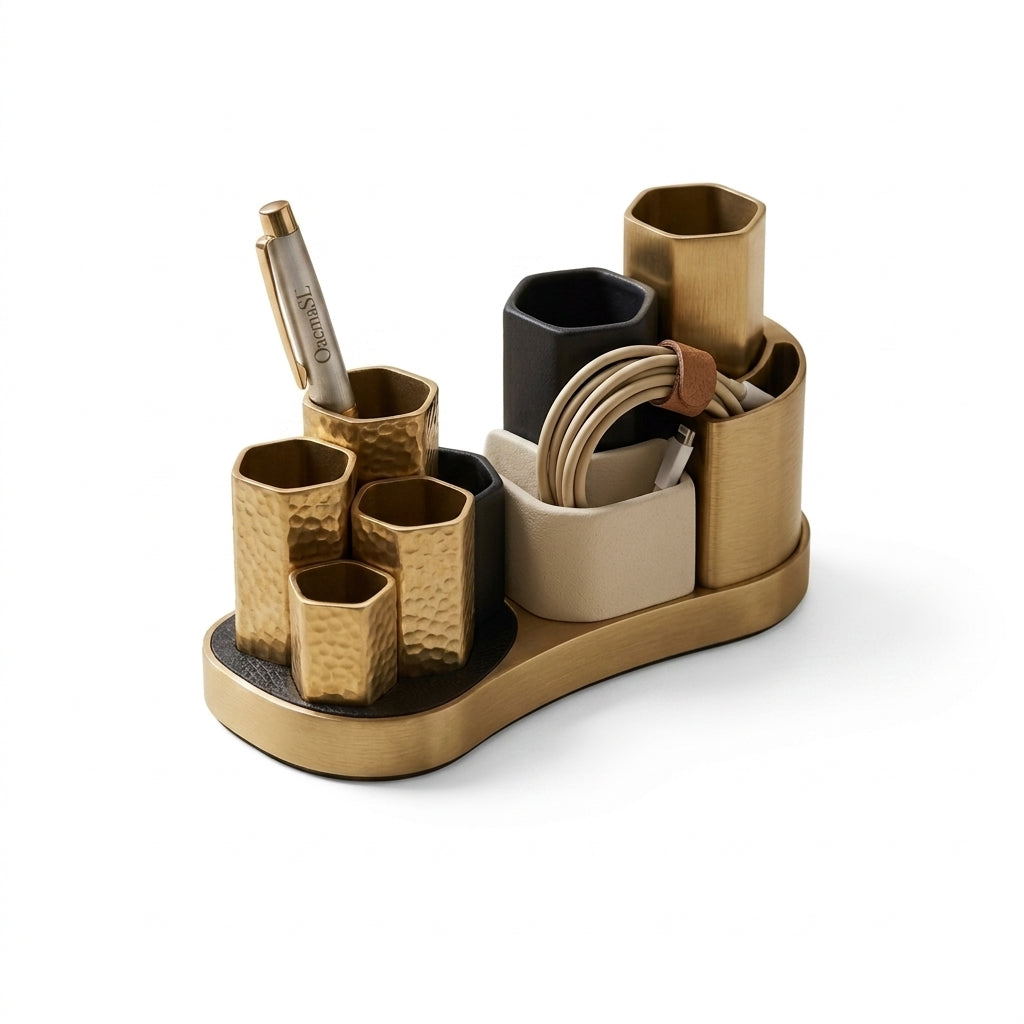 OacmaSL™ Magnetic Desk Organizer, Multi-Slot Pen Holder & Cable Organizer, Gold-Tone Desktop Storage Caddy for Pens, Tools, Makeup Brushes, Office Supplies and Workspace Accessories