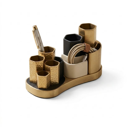 OacmaSL™ Magnetic Desk Organizer, Multi-Slot Pen Holder & Cable Organizer, Gold-Tone Desktop Storage Caddy for Pens, Tools, Makeup Brushes, Office Supplies and Workspace Accessories