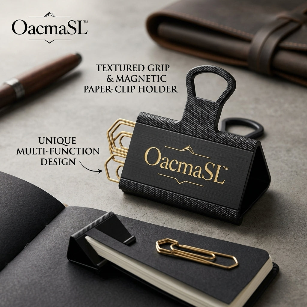 OacmaSL™ Magnetic Paper Clip Holder with Textured Grip, Multi-Function Desktop Paperclip Dispenser, Black Metal Desk Organizer for Office, Home Office, Study, School, Business Desk Accessories