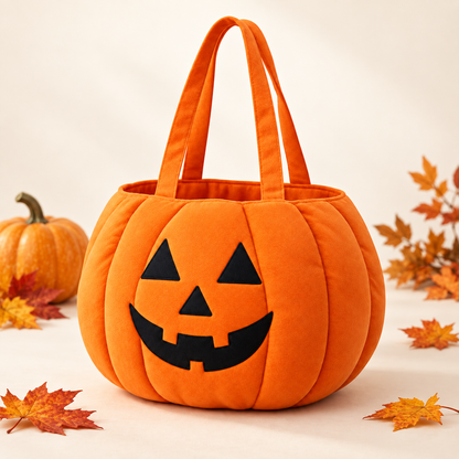 Hero scene of orange pumpkin trick-or-treat tote with autumn styling