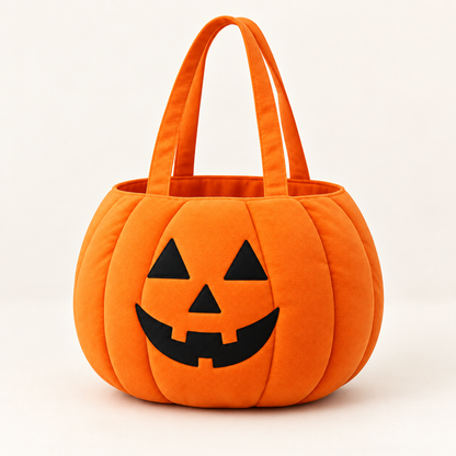 Clean studio view of orange plush pumpkin tote bag