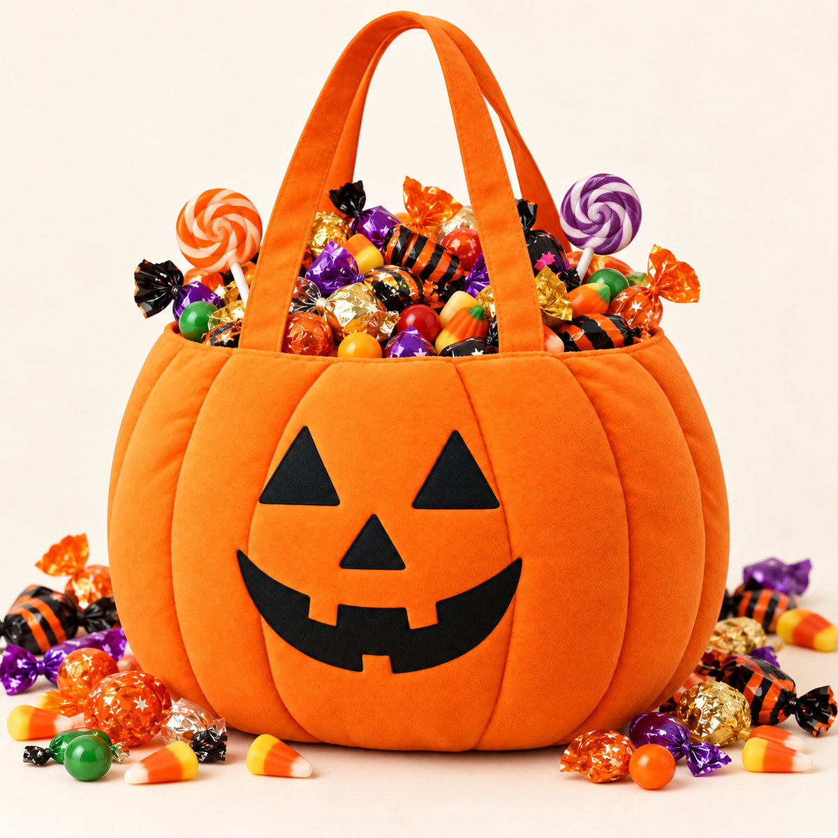 Orange pumpkin tote filled with colorful Halloween candy