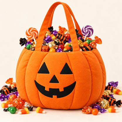 Orange pumpkin tote filled with colorful Halloween candy
