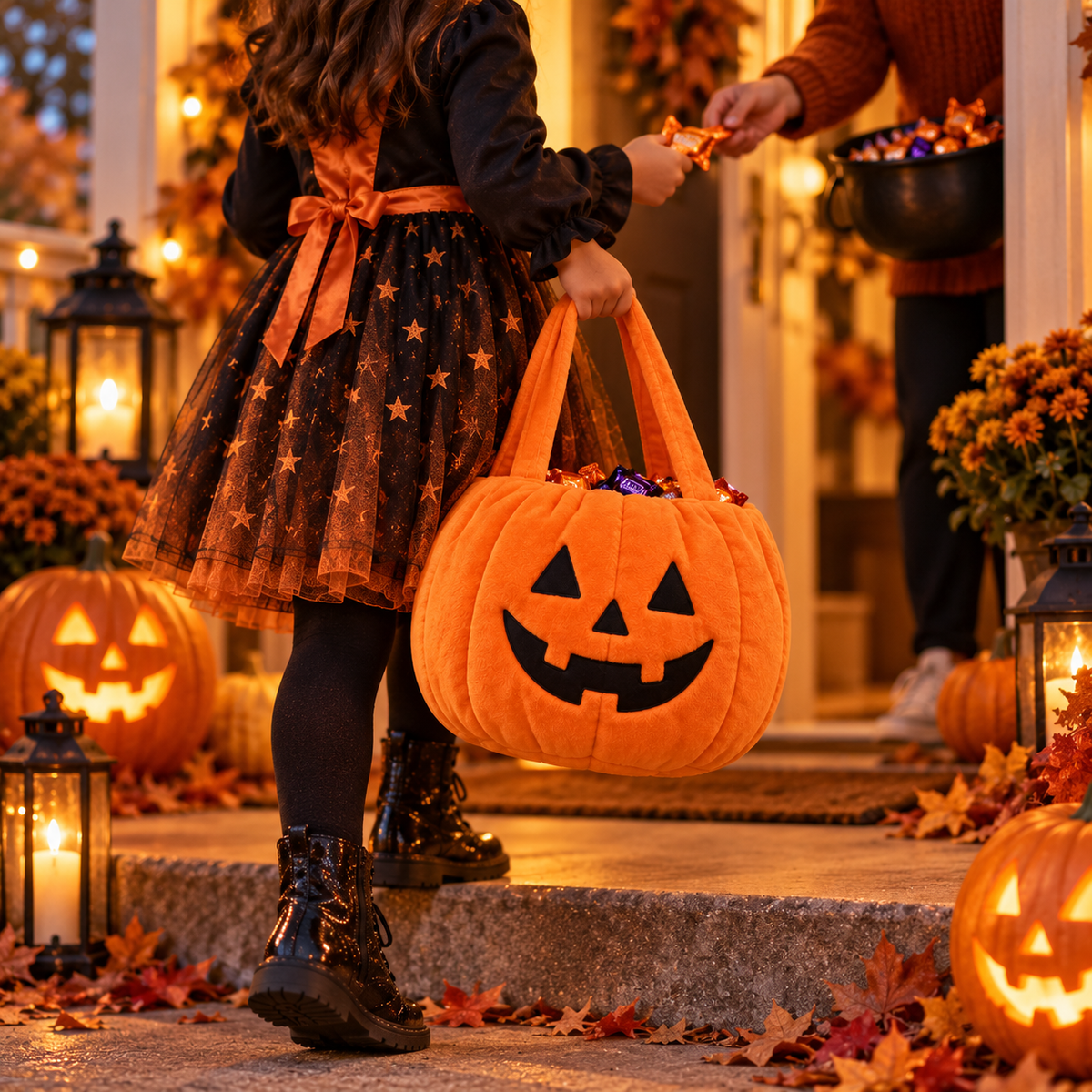Child using pumpkin candy tote while trick-or-treating