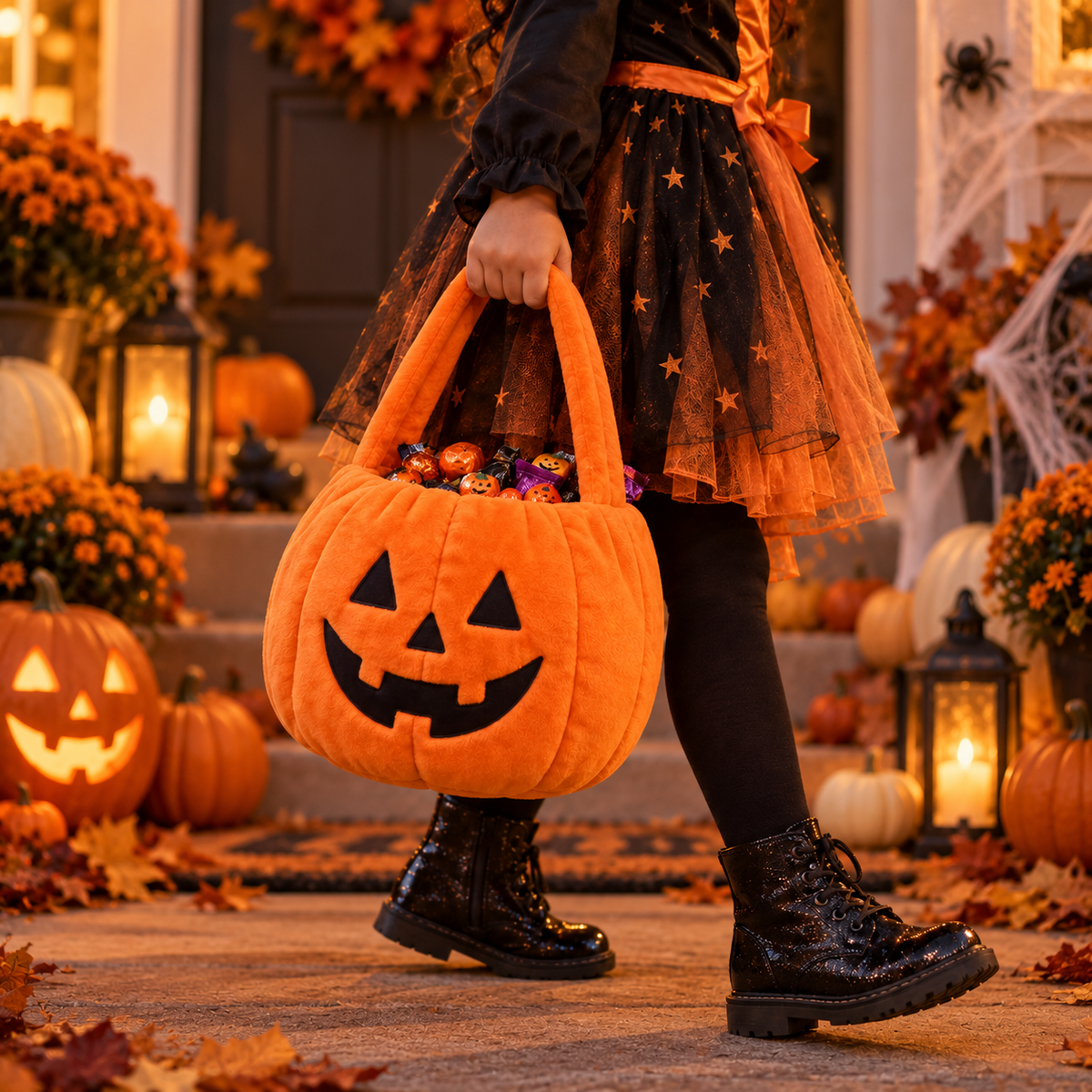 Child carrying orange pumpkin tote as Halloween costume accessory