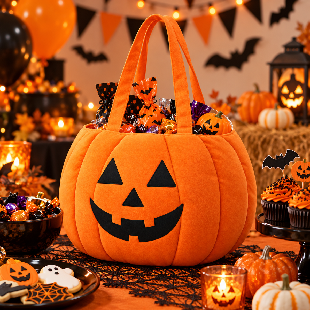 Pumpkin treat tote displayed at a Halloween party