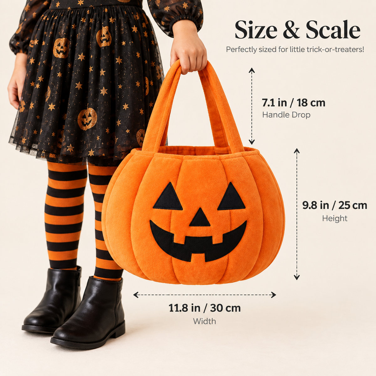 Size and scale guide for kids pumpkin trick-or-treat tote
